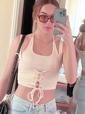 Cream Lace-Up Halter Crop Top